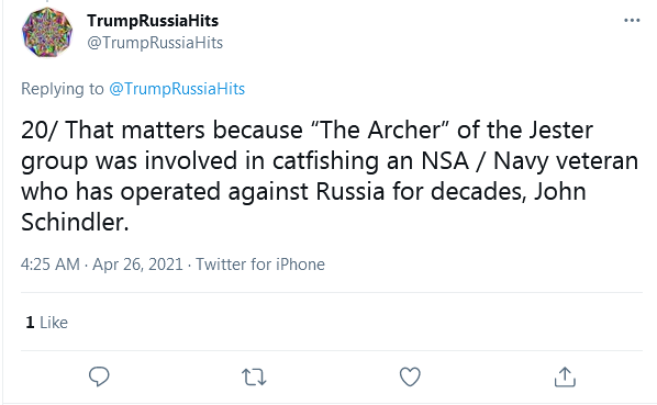 Archer was never in any Jester Group, because there has never been a Jester Group. Archer didn't "catfish" Schindler. John Schindler freely and of his own accord DM'd his own dick pick to a woman who was not impressed. Archer did involve himself in that, after the fact.