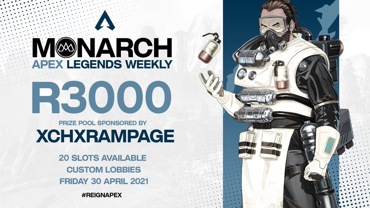 monarchza's tweet photo. The Monarch Apex Legends Weekly just got BIGGER AND BETTER!๐
R3000 prize pool sponsored by xCHxRampage for this week!
Register now: https://t.co/0ZEOsubnwQ
#ReignApex #ToReign๐ https://t.co/oNzLe58B1H