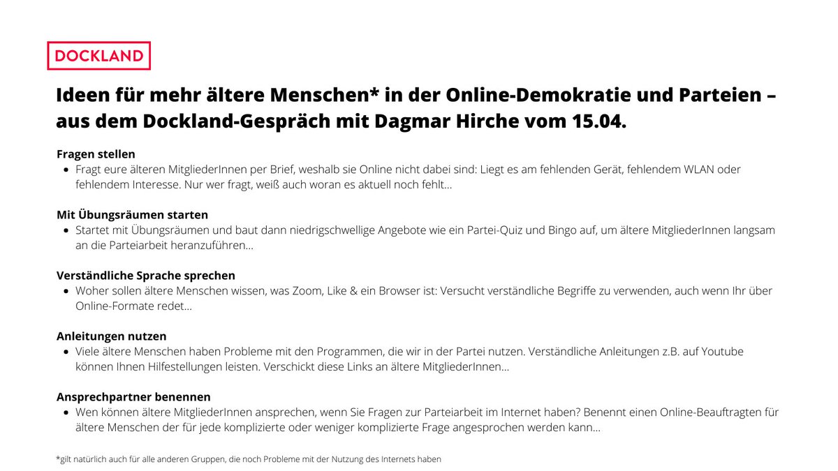 DCKLND's tweet photo. Letzte Woche haben wir mit @WadeHamburg über Online-Demokratie für ältere Menschen gesprochen. Danke für das Gespräch!

Wir haben vieles gelernt:
1) Fragen stellen
2) Übungsräume anbieten
...
Unsere @DCKLND-Ideen findet hier unten👇👇

Link zum Gespräch:
https://t.co/imyQ965Kdh https://t.co/a8gGRx9gf5
