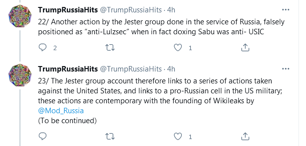 There still isn't any Jester Group, outside of Louise's drug addled head. The FBI already knew all about Sabu being doxed prior to LulzSec's existence, that's how they found him. Wikileaks wasn't founded by Russia. Wikileaks, founded Julian dickhead Assange, joined Russia.