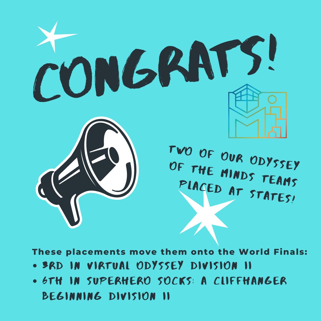 ThesquareM2's tweet photo. Congrats to our Odyssey of the Minds teams who placed at the State Tournament:
3rd in Virtual Odyssey Division II
6th in Superhero Socks: A Cliffhanger Beginning Division II
These placements move them onto the World Finals! Congrats to all of these students & @jhmsms2013! 🏆 https://t.co/c3p2g6QM2a
