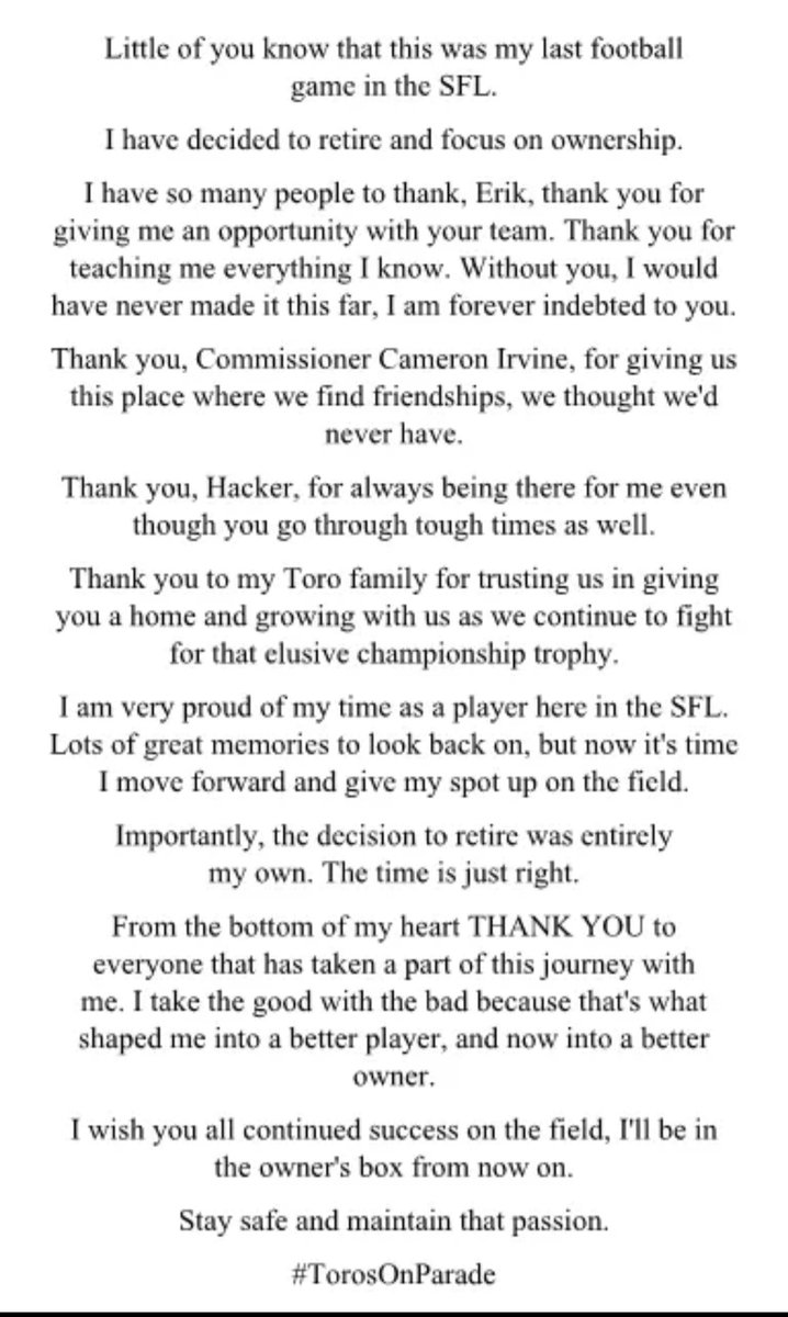 Cornerback Nacho Sicario has announced his retirement this morning. Nacho started in Season 10 with Queen City (5 seasons) and then came to us (2 seasons).  We would like to thank him for his player contributions and leadership. His official statement is provided below.