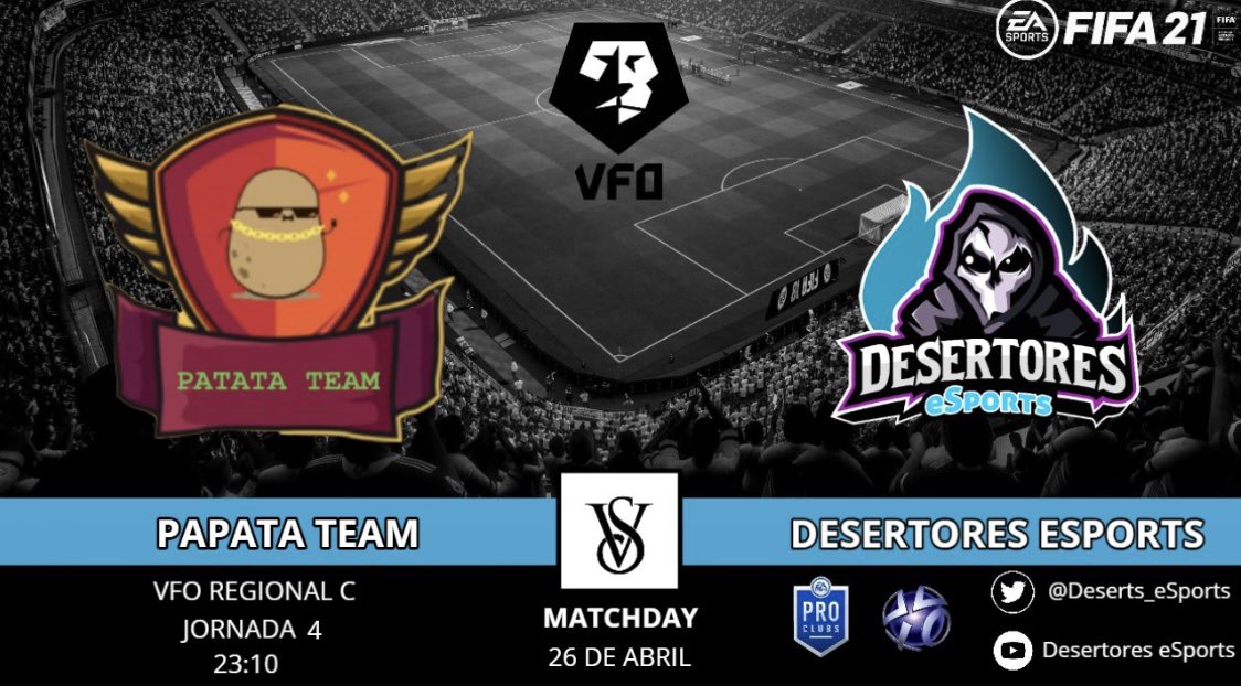 PARTIDOS IMPORTASIMOS HOY:

🏆:<a href="/VFOspain_ps/">VFOspain PS</a> Y @VlsEsports 
🆚:@Deserts_eSports Y @meucity_ 
⏰:23:10 Y 23:40
📺: m.twitch.tv/patatateam/home

** PARTIDO CASTEADO VFO **

NUESTROS GUERREROS DE HOY ⚔️⚔️⚔️ 
#APLASTAPATATA
