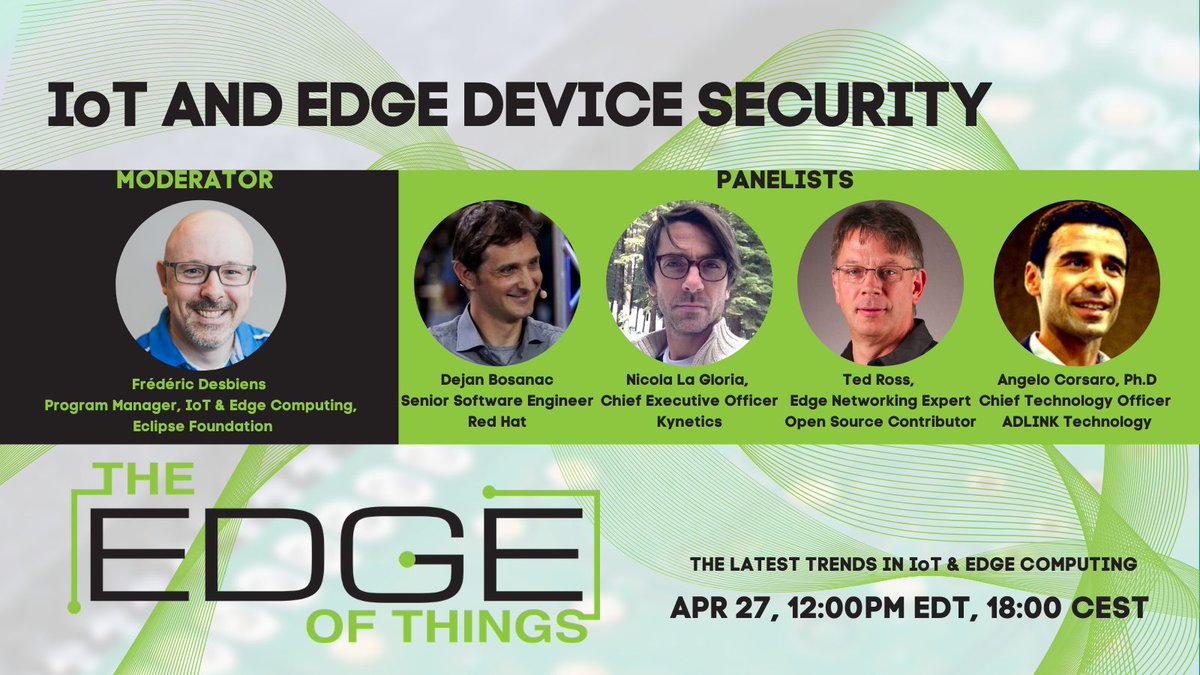 EclipseIoT's tweet image. TOMORROW: Discuss the security threats for #IoT and #EdgeComputing and how industry leaders from @RedHat, @ADLINK_Tech, Kynetics and more are working to overcome them at #TheEdgeofThings. Register now: hubs.la/H0KVgwk0