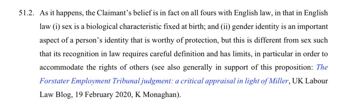 Maya Forstater’s beliefs accord with the law, which recognises the importance of both sex & gender reassignment; quotes Karon Monaghan’s essay