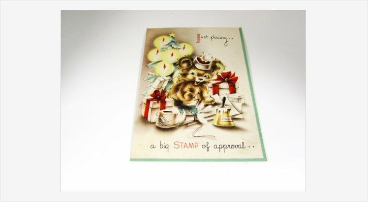 Christmas Greeting Card Vintage Stamp of Approval Pop Up #vintage #vintagegreetingcard #VintageChristmasCard #ChristmasCard #StampofApproval #popup #vintageephemera bit.ly/32qnkxp