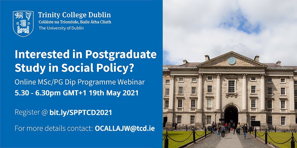 Registration is open for @tcddublin's online postgraduate courses in Social Work and Social Policy. Find out more with a free information webinar on Wednesday 19th May at 5.30pm GMT+1. #thinktrinity #postgrad #socialwork bit.ly/SPPTCD2021