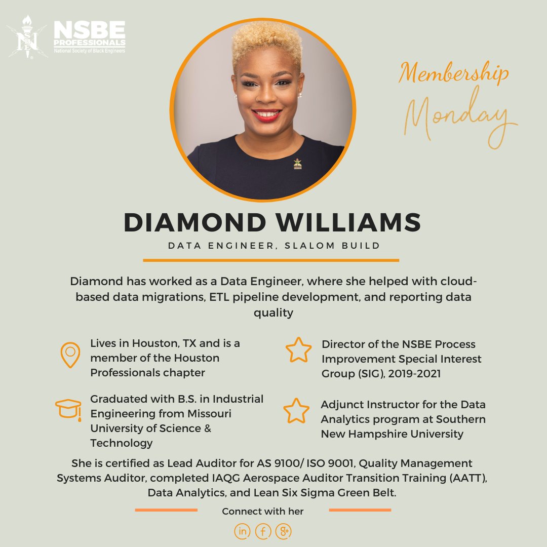 This Monday we are highlighting Diamond Williams! She currently works at Slalom Build as a Data Engineer. She is an active member of our Houston Professionals chapter. Connect with her on LinkedIn! #MembershipMonday #R5NSBEPros #R5Success #BlackExcellence #NSBEPros