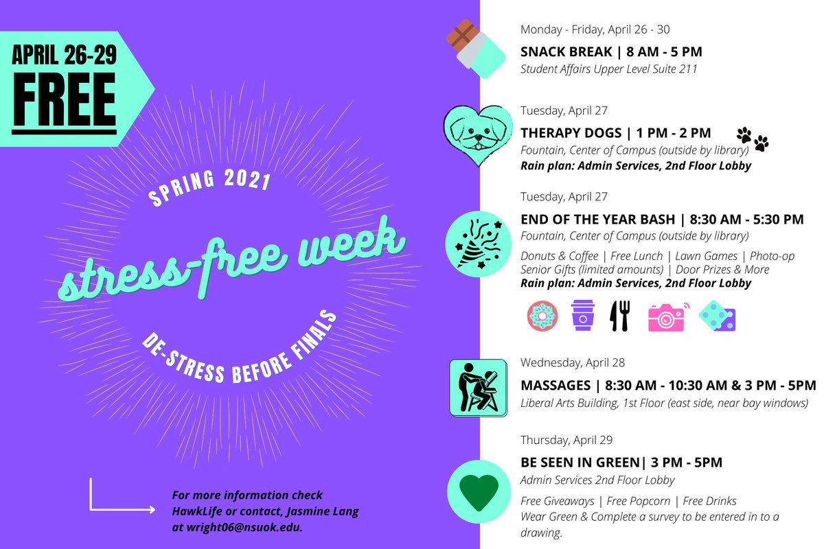 Stress Free Week Is in Full Effect!

Stop by for snacks all week in the Admin Services Bldg 2nd Floor

End of the Year Bash Tomorrow! Free Food, Games &amp; Giveaways
Admin Services Bldg 2nd Floor - All Day

Massages Wed. in Liberal Arts Bldg!

Be Seen In Green Thurs! TV Drawing