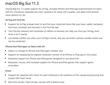 What's new in the updates for macOS Big Sur https://support.apple.com/en-us/HT211896#macos113