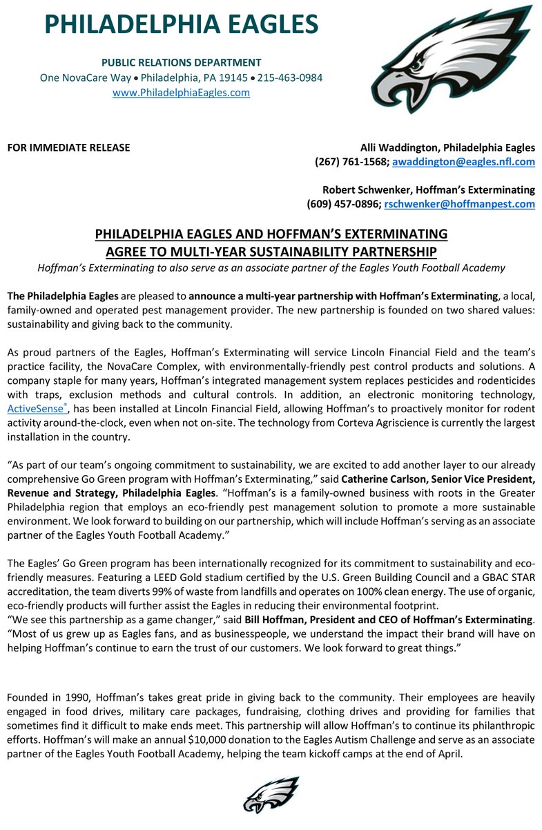 PRESS RELEASE: Philadelphia Eagles and Hoffman's Exterminating Agree to Multi-Year Sustainability Partnership