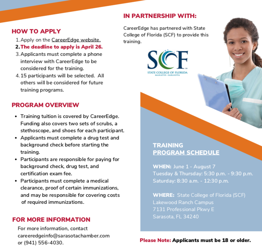 CNA training at <a href="/SCFnow/">StateCollegeFlorida</a> starting June 1.  Tuition covered by @CareerEdgeFund  Apply here: careeredgefunders.org/bridges-to-car…  New application DEADLINE is April 30. Support our community by sharing this opportunity!  #Nurses @SNAC4FL