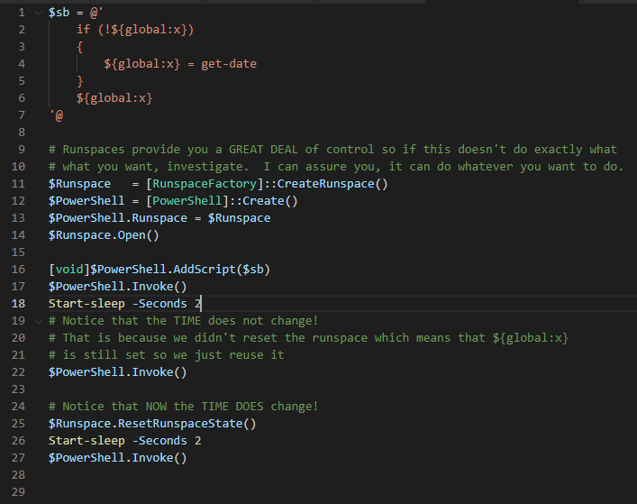 jsnover's tweet image. Here is some code I sent someone showing them how to run multiple scripts in-process without having them interfere with one another.
SOOO powerful.
SOOO cool!
I freaking love PowerShell!
