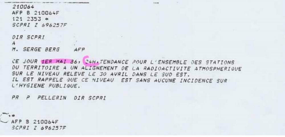 « Ce jour 1er mai 86, 24 heures, tendance pour l'ensemble des stations du territoire à un alignement de la radioactivité atmosphérique sur le niveau relevé le 30 avril dans le Sud-Est. Il est rappelé que ce niveau est sans aucune incidence sur l'hygiène publique. »