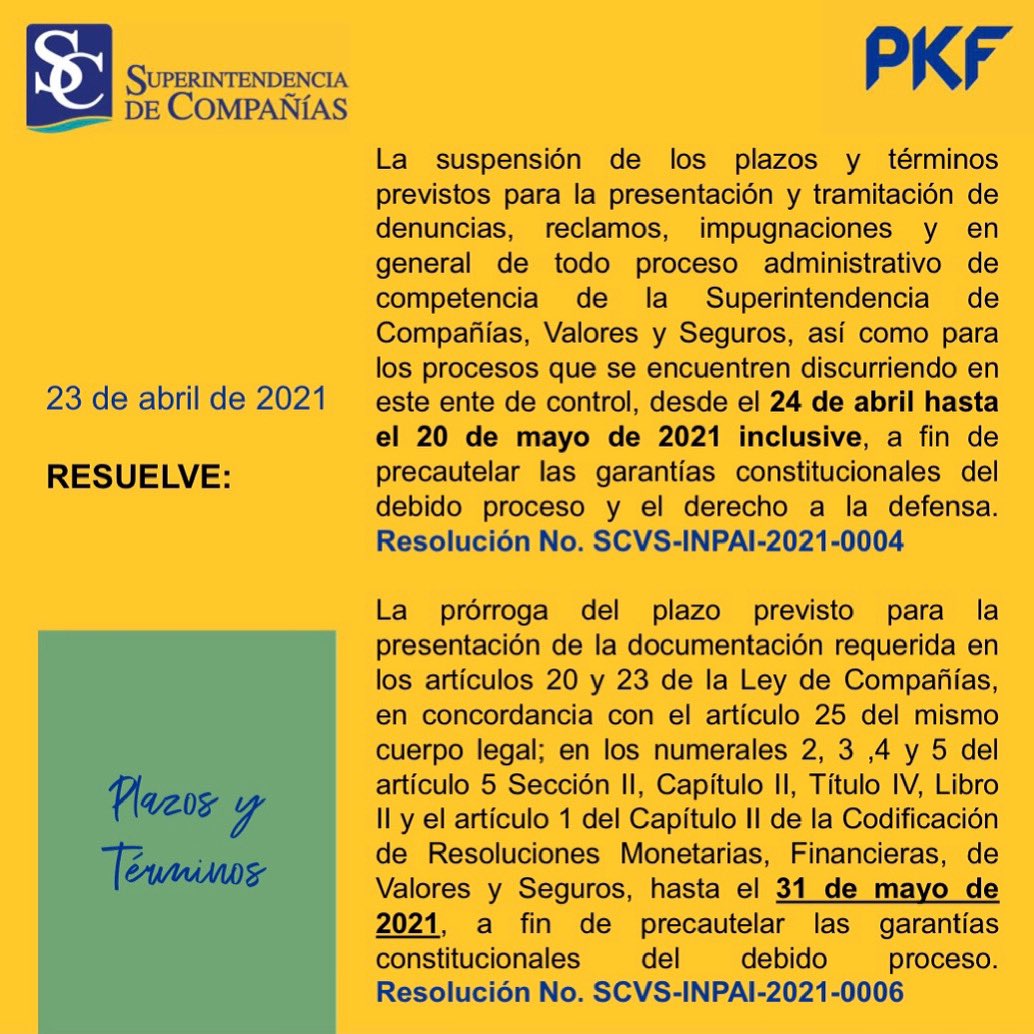 pkfecuador's tweet image. Resoluciones de la Superintendencia de Compañías, Valores y Seguros, suspensión de plazos y prórroga de presentación de información #SCVS #resoluciones #plazos #prórroga #estadosfinancieros #informes #balances #PKFEcuador #taxalert #publicación