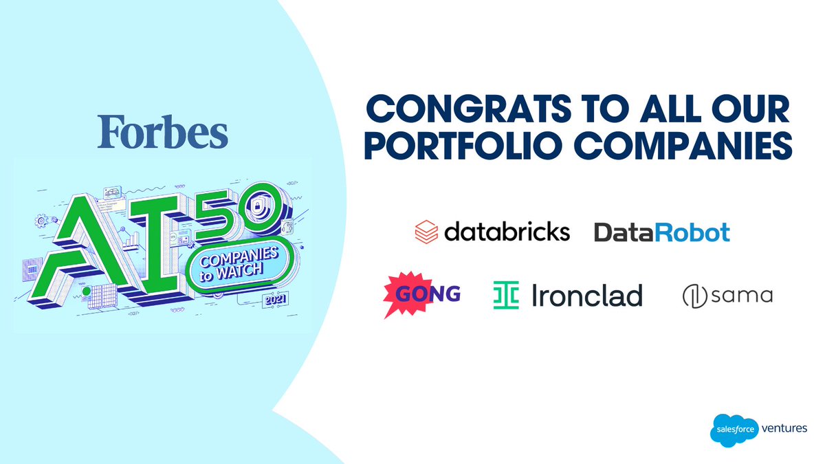 🎉 Congratulations to <a href="/databricks/">Databricks</a> <a href="/DataRobot/">DataRobot</a>  <a href="/Gong_io/">Gong</a> <a href="/ironclad_inc/">Ironclad</a> and <a href="/SamaAI/">Sama</a> for being named to the <a href="/Forbes/">Forbes</a> 2021 AI 50: America’s Most Promising Artificial Intelligence Companies. bit.ly/2R0uRk2
