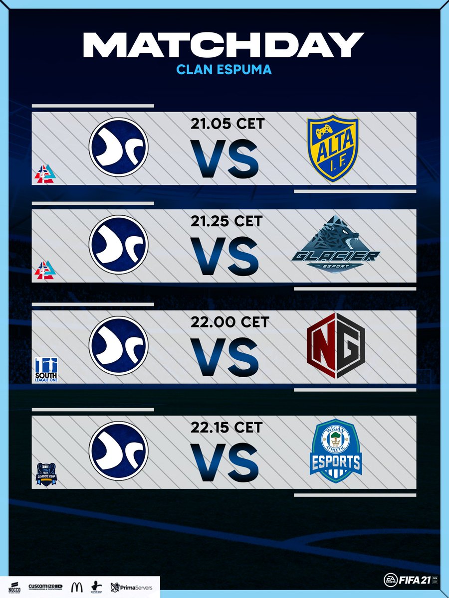⚫️ MATCHDAY ⚫️

🏆 l <a href="/ARCTICACL/">Arctic League</a> West
🆚 l <a href="/AltaIF_eSport/">Alta IF eSport</a> 🇳🇴

🏆 l <a href="/ARCTICACL/">Arctic League</a> West
🆚 l <a href="/EsportGlacier/">Glacier eSport</a> 🇳🇴

🏆 l <a href="/OfficialVPG/">Virtual Pro Gaming</a> League 1 South
🆚 l New Generation 🇩🇪

🏆 l <a href="/OfficialVPG/">Virtual Pro Gaming</a> League eCup - Round of 32
🆚 l @EsportsWigan 🇬🇧

📺 l twitch.tv/emil_sorensen2…
 
#RoarLikeEspuma