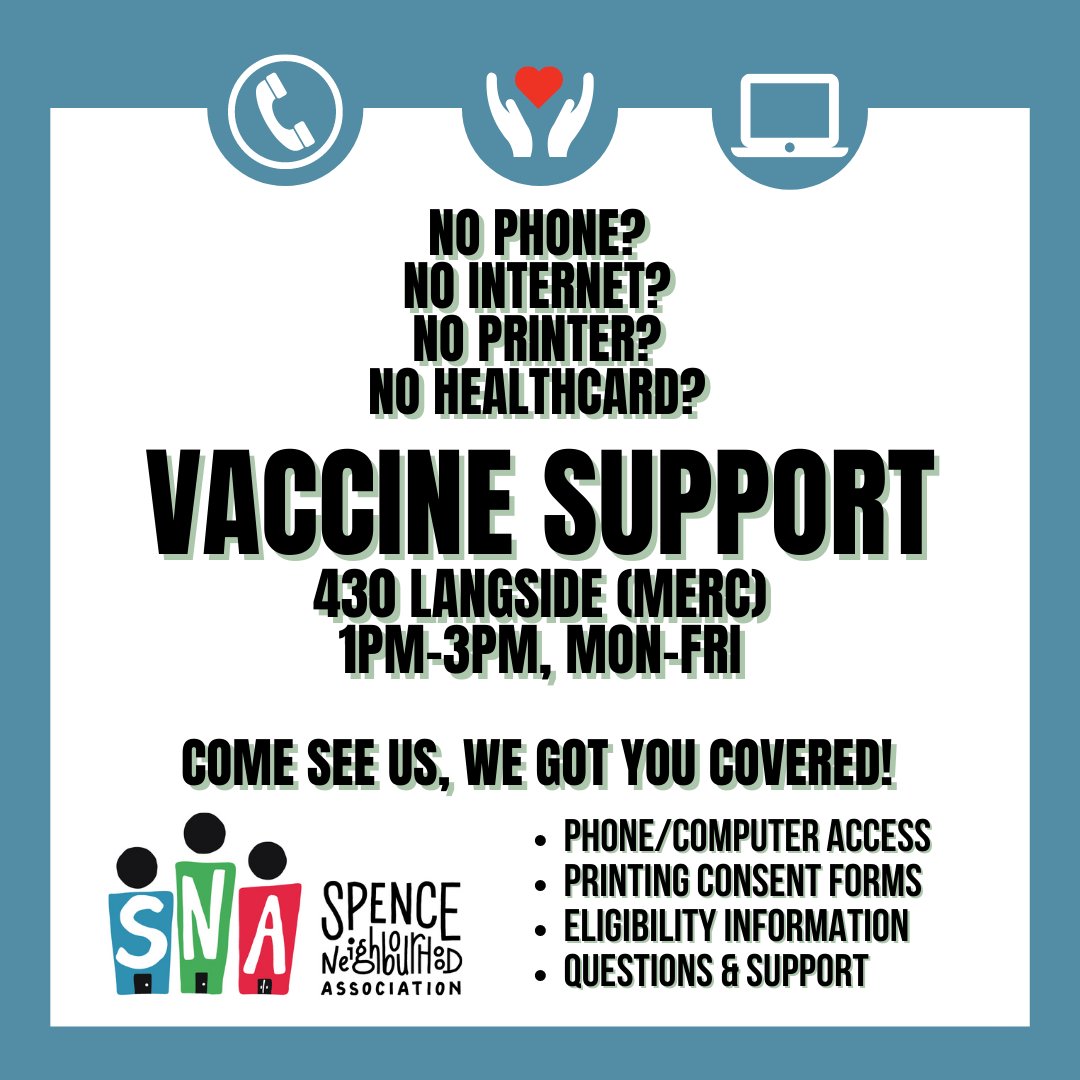 SNAcommunity's tweet photo. Need a consent form printed? Need to use a phone or internet? Questions about the process or eligibility? We are here to help!
EVERYONE WELCOME!! 
#wpgnow #westend #vaccinesupport #SNACOMMUNITY #centralneighborhood https://t.co/48nUfSPWVJ