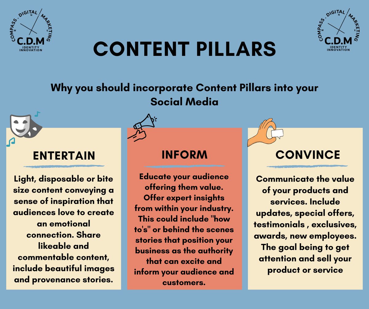 CompassDigital3's tweet image. Going by content pillars will make it easier to create content consistently and to keep it tailored towards your ideal client. Consistency in posting is the key to building your feed and getting business. #contentpillars #contentmarketing #ContentDesign