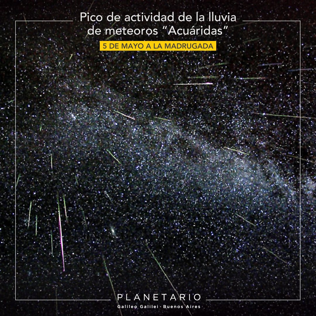 Durante esta madrugada, se produce el pico de actividad de la lluvia de meteoros Eta Acuáridas. Entre las 3 y las 7 de la madrugada, en zonas alejadas de las ciudades podrían observarse a simple vista entre 20 meteoros y 30 meteoros Eta Acuáridas por hora. 

#PlanetarioBA
