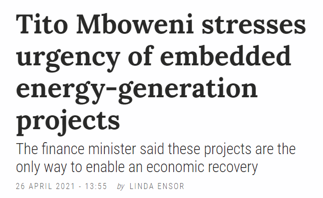 Dear <a href="/tito_mboweni/">Tito Mboweni</a>, well said Sir !!

... not only an economic recovery, but a #MillionMicroGrids will save the grid, and provide resiliency and stability to our country