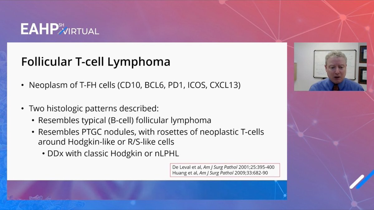 SocforHemepath's tweet photo. #EAHPSH2021 Dr. Cook @jrcookMDPhD from Cleveland Clinic presents a case of follicular T-cell lymphoma with Hodgkin-like cells and alternate diagnostic considerations of classic Hodgkin lymphoma, NLPHL, and angioimmunoblastic T-cell lymphoma. #hemepath https://t.co/ARyjyv8c1u
