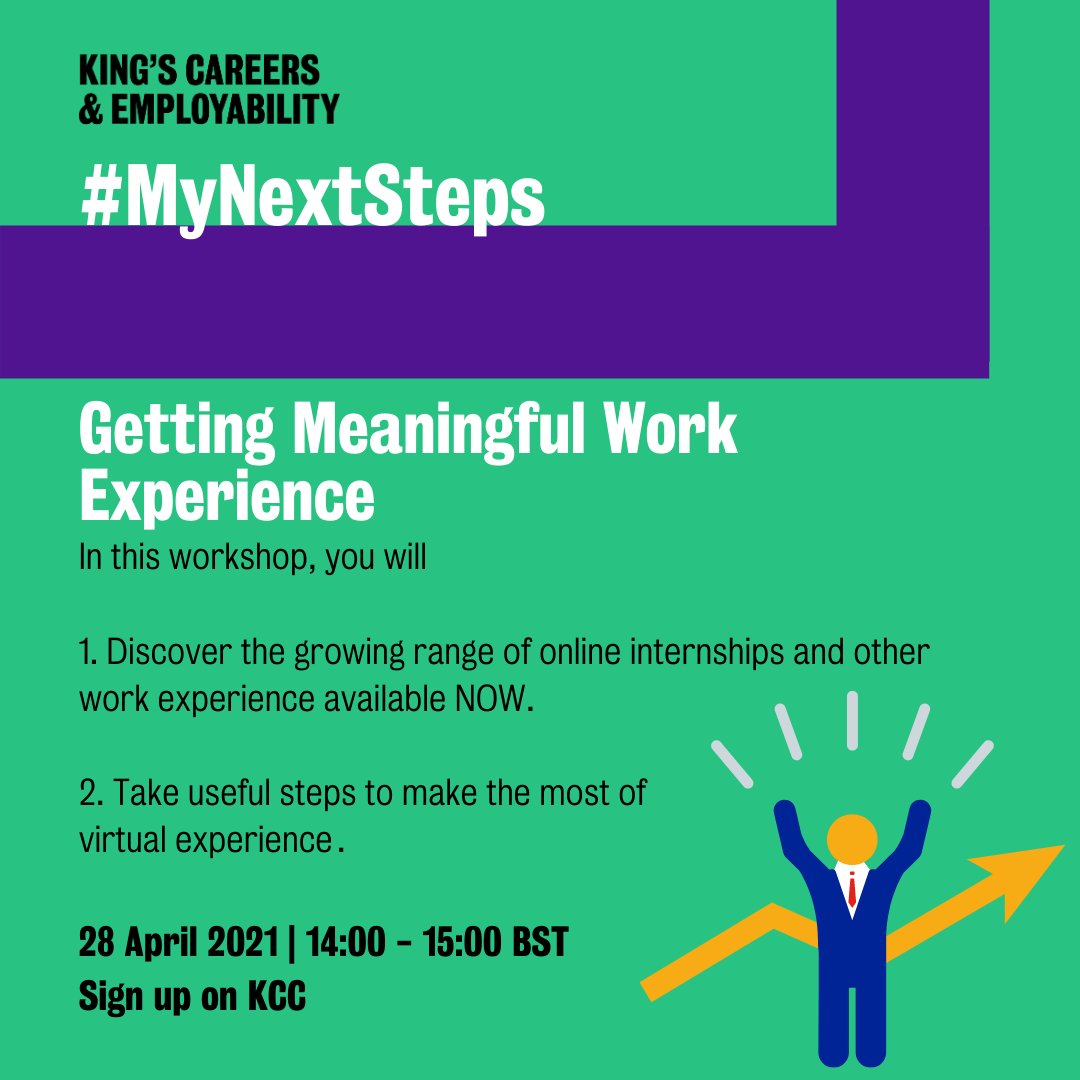 KingsCareers's tweet image. #MyNextSteps session about Getting Meaningful Work Experience. Learn about the growing range of online internships and other work experience, useful steps to make the most of virtual experience and more!

📆 28th April
🕛 14:00-15:00

Click to sign up: ow.ly/ke7G50Exe6d