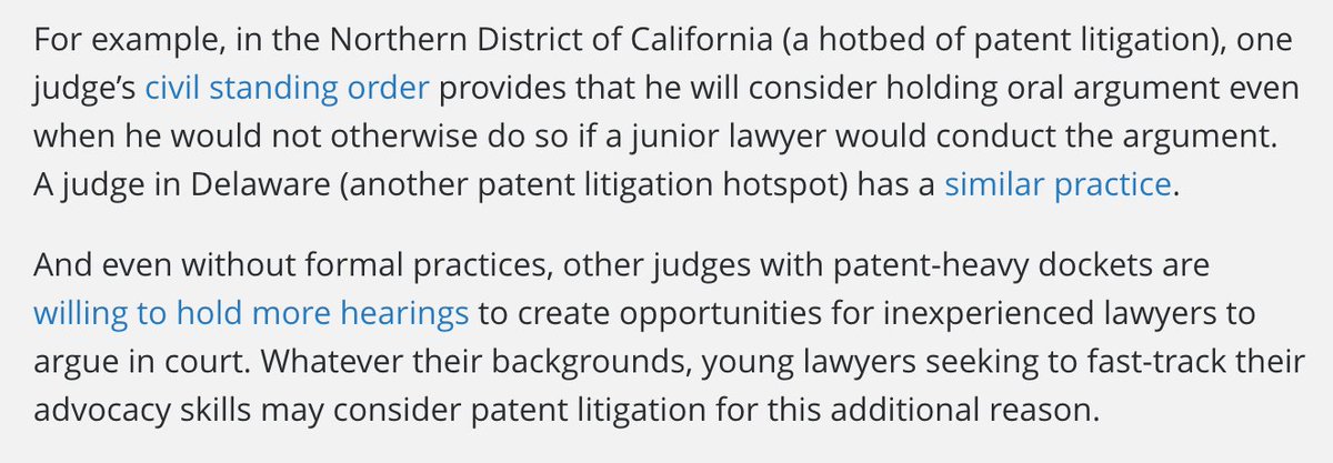 There's also an extra incentive for junior lawyers to do patent cases: many of the regular patent venues have rules or practices encouraging stand-up opportunities for junior members of our profession: 5/
