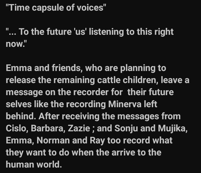 TPNManga's tweet photo. The Promised Neverland Bluray-DVD Volume 3's Special Drama CD is titled "Time capsule of Voices".
Release date: August 4th

Summary: https://t.co/4pMpSczzE2