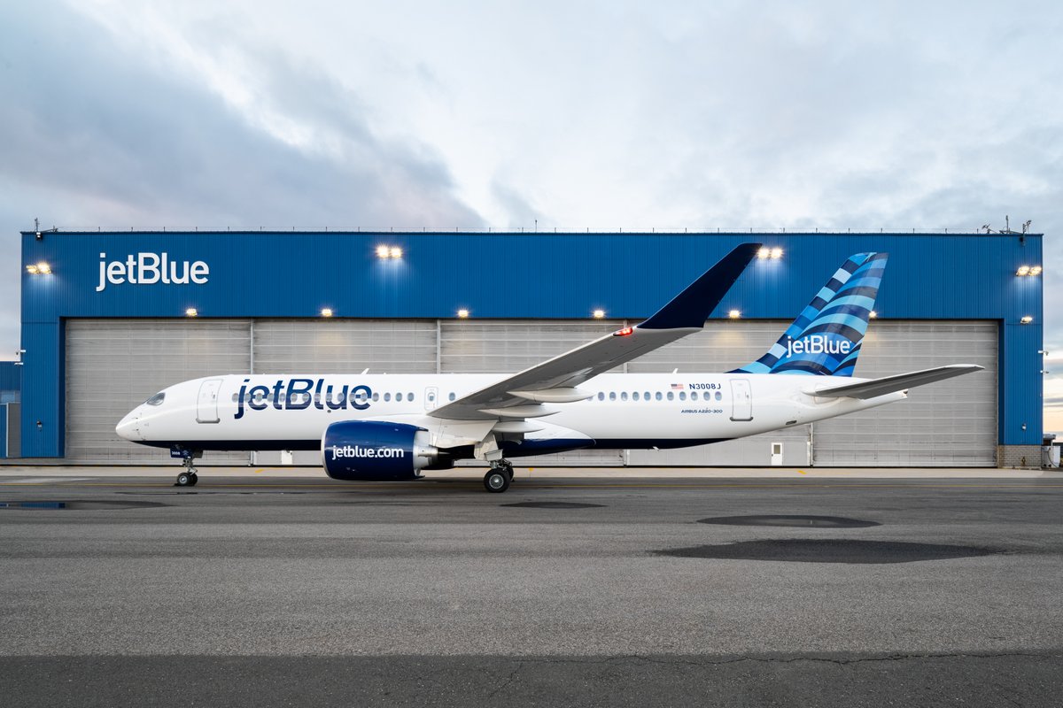 JetBlue's tweet photo. Dontcha just love that new plane smell? Our A220 makes its runway debut today with wider seats and aisles, larger windows and overhead bins, less noise and more fuel-efficiency, and lots of new touches and tech to make your trek even better. Learn more: https://t.co/0kNt1UUMcL https://t.co/YKIaM5ywLf