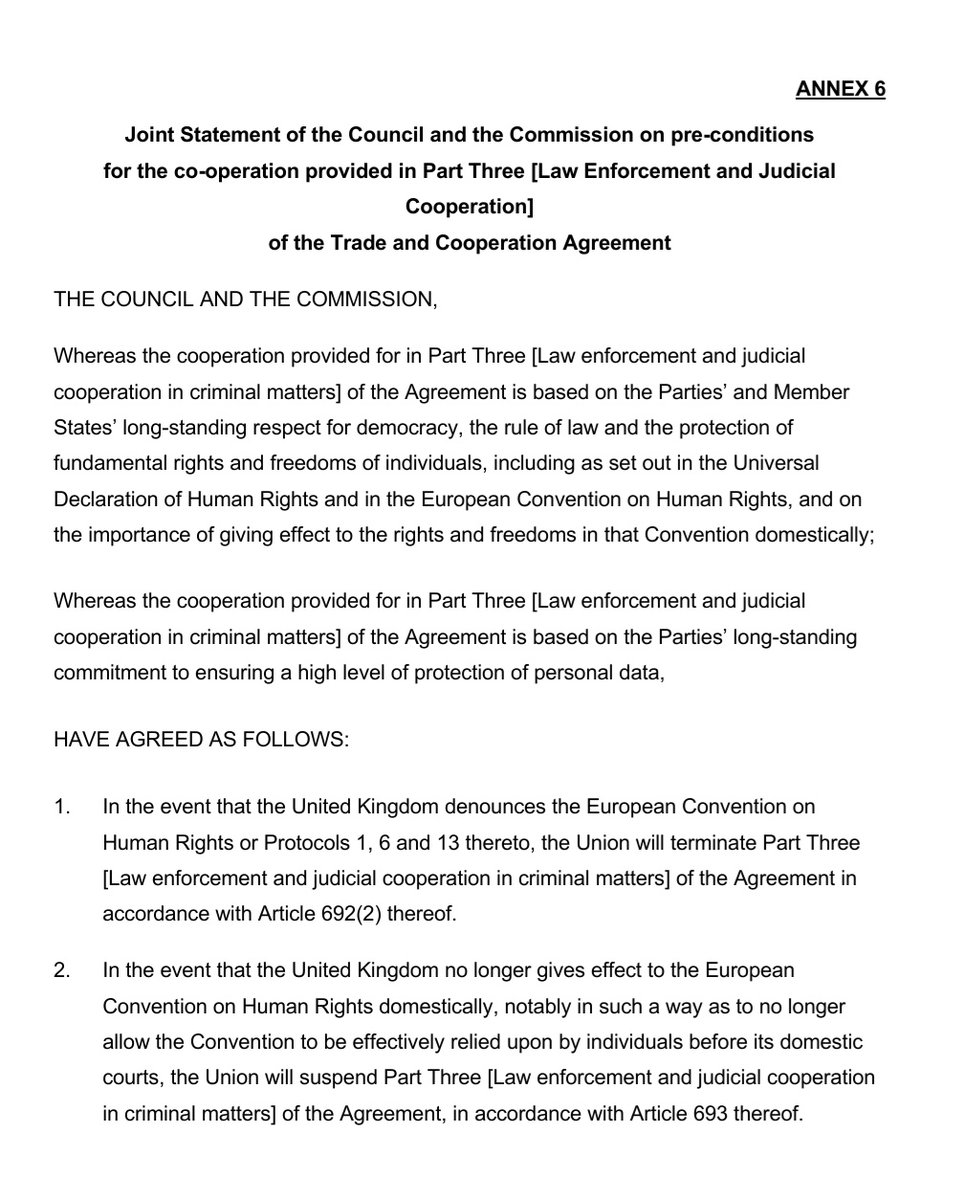 1/ From leaked documents - the EU is planning two further statements when it concludes the Brexit deal this week. Most remarkable is this - the EU will terminate criminal law cooperation under the deal if the UK denounces the ECHR or guts the Human Rights Act.