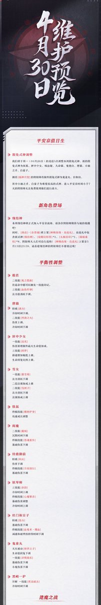 平安京公式より、今週末のメンテ予告。
大規模な式神調整が行われます。なんと般若がバフされますよ

https://t.co/tvyZQgArgV 