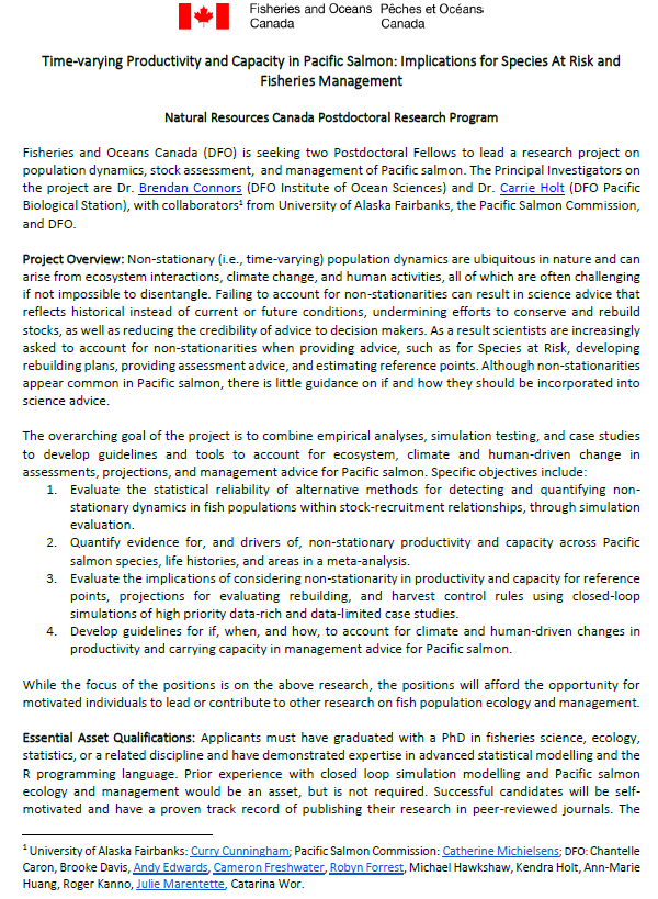 🚨fisheries ecology postdocs 🚨

Detecting, diagnosing, and accounting for time-varying population dynamics in mgmt advice for Pacific salmon. 
 
~ 2.5 years of funding,  $60,000-$67,000 CAD/year, in Beautiful British Columbia. 

full details: drive.google.com/file/d/1iqhdSo…

please RT!