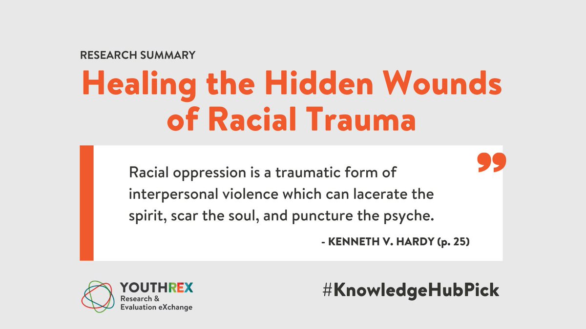REXforYouth's tweet photo. How can programs address racial trauma + support youth in healing? #KnowledgeHubPick
➡️ Name, acknowledge racism
➡️ Affirm that self devaluation = connected to racial oppression
➡️ Provide supports to build youths strengths (a protective measure!)
🔗 https://t.co/1TzHWRf0vE https://t.co/terqyvfvKN