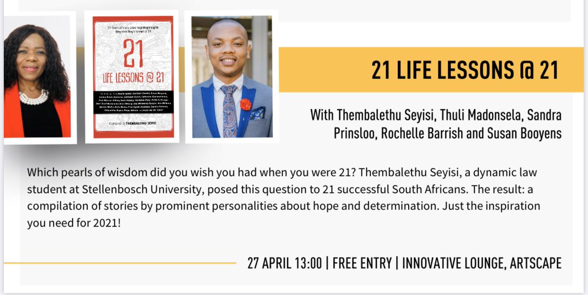ThuliMadonsela3's tweet photo. Looking forward to joining the #Suidoosterfees #21LifeLessons book reading &amp; discussion at the Artscape tomorrow at 13:00pm.  We would be delighted to have you with us. #21LifeLessons #Suidoosterfees #BookDiscussion 📚 https://t.co/7pDV4N52aw