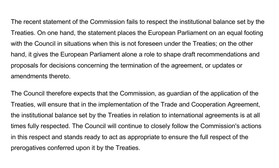 5/ The other new statement. The Council is irritated by the promises that the Commission will make to the European Parliament re monitoring implementation of the agreement.