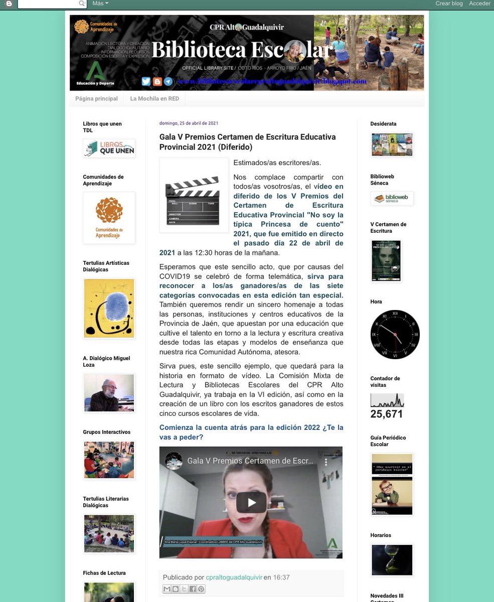 ¿Quieres revivir la gala telemática del V Certamen de Escritura Educativa Provincial “No soy la típica Princesa de cuento” 2021. Un reconocimiento muy especial. Descubre en👉🏻 m.youtube.com/watch?v=F5zMsU… <a href="/redbecreaja/">Red BECREA Jaén</a> <a href="/EducaAnd/">Consejería Desarrollo Educativo y FP</a> <a href="/CEP_Orcera/">CEP de ORCERA</a> <a href="/LibroAbierto_BE/">Libro Abierto</a> <a href="/RedAndBBEE/">bbeeAndalucia</a>