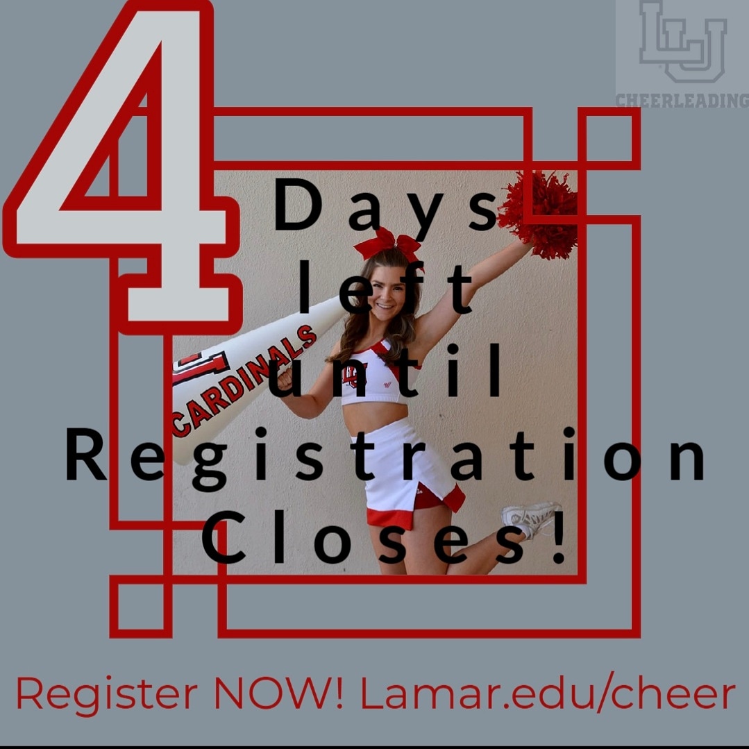 LamarUCheer's tweet photo. 4️⃣ Days left, REGISTER NOW! Come join our 2021-2022 Lamar cheer family! • Scholarships Awarded! Go Cards❤ visit https://t.co/ngMxxK4SBq for all tryout and registration information.  #LUcheer #WeAreLU #otogoff https://t.co/9zcjhcKZXX