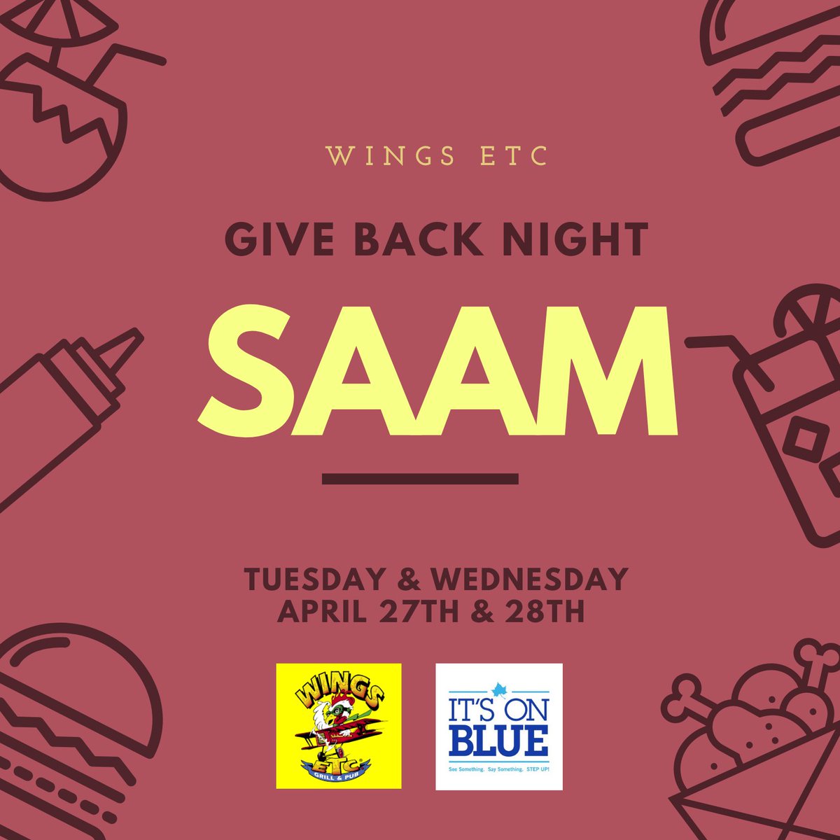 Come dine out with us tomorrow and Wednesday at Wings Etc.!

Make sure you show this flyer to your server!

* those 21 and over - alcoholic beverages will not be included *