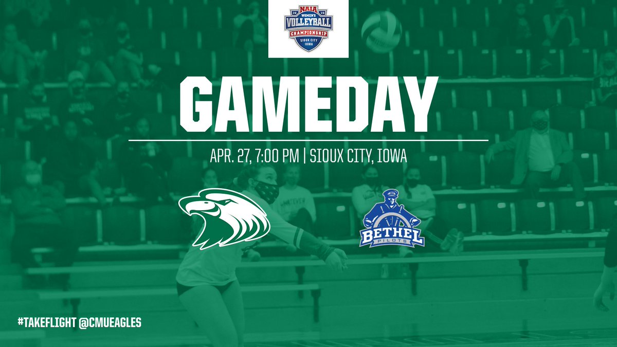 🏐: The No. 9 CMU volleyball team starts pool play action at the <a href="/NAIA/">NAIA</a> National Tournament against the Pilots!

🆚 Bethel
📍 Sioux City, Iowa
🕒 7:00 p.m.
📽️ bit.ly/2Qizwy5
📊 bit.ly/3tUaW56
🎟️ bit.ly/3gMJmmm

#TakeFlight🦅