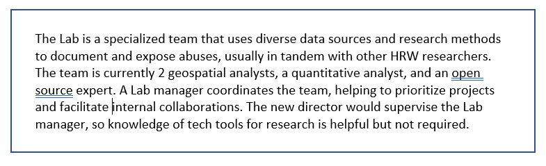 Question 3: "What’s the role and structure of the Digital Investigations Lab and how involved is the director in that team’s work?"