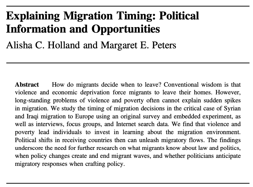 Migration from violent areas can spike even when violence doesn't. Why? Violence+poverty make people invest in knowledge about migration pathways—to shifts in which they respond quickly, en masse.By  @ProfTortuga &  @MigrationNerd in  @IntOrgJournal—>  https://doi.org/10.1017/S002081832000017X