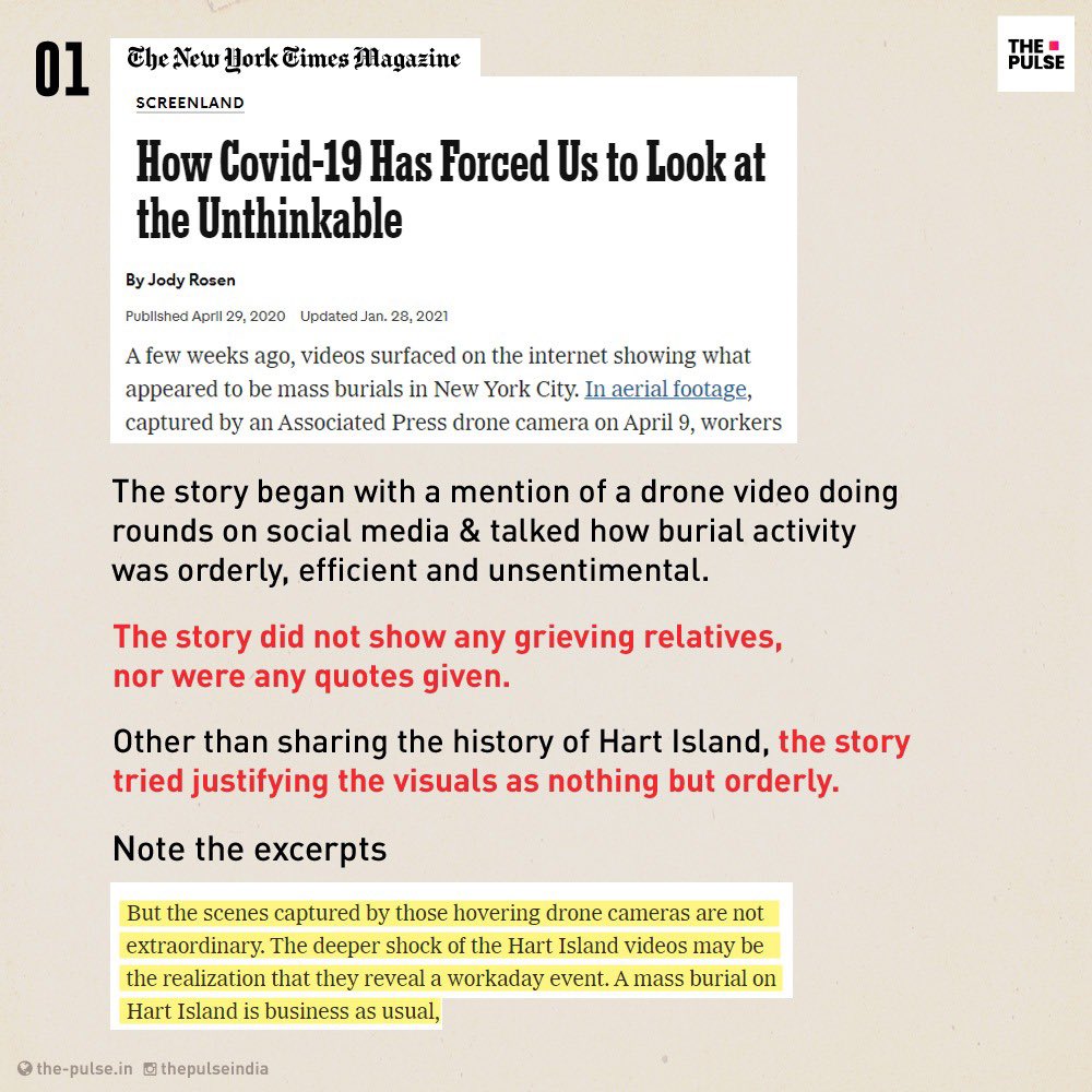 Check how US media reported burial of NY victims of Covid19. Do notice how media talked about orderly & efficient burial process; it even tried to reason how burial footage wasn’t extraordinary! Some samples from  @nytimes &  @Reuters but  @WaPo was no different either  #Pulspective