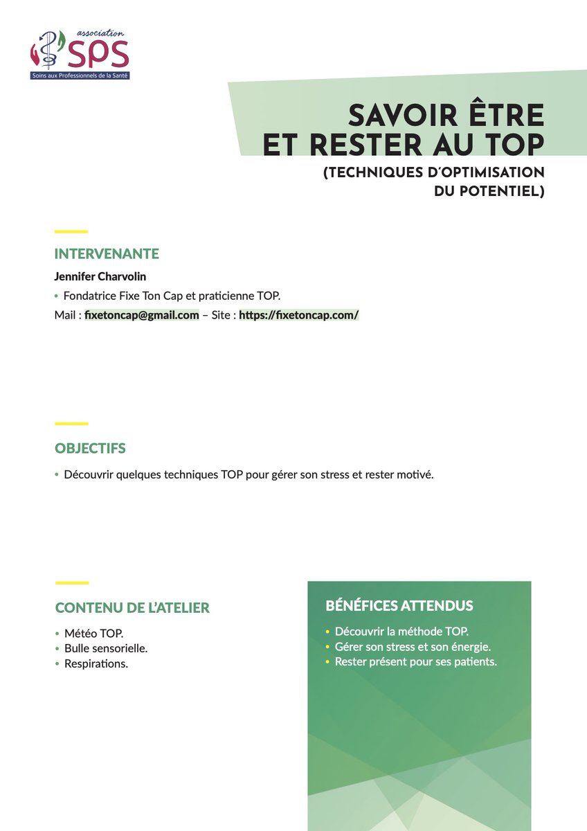 #eJADES 🗓 RDV le 27/04/21 de 19h à 20h pour un atelier en ligne gratuit ➡ Savoir être et rester au #TOP ! Découvrez quelques Techniques d'Optimisation du Potientiel (TOP) pour gérer son stress et rester motivé.
➡ Inscription/Programme : asso-sps.fr/ejades-cms/27-…