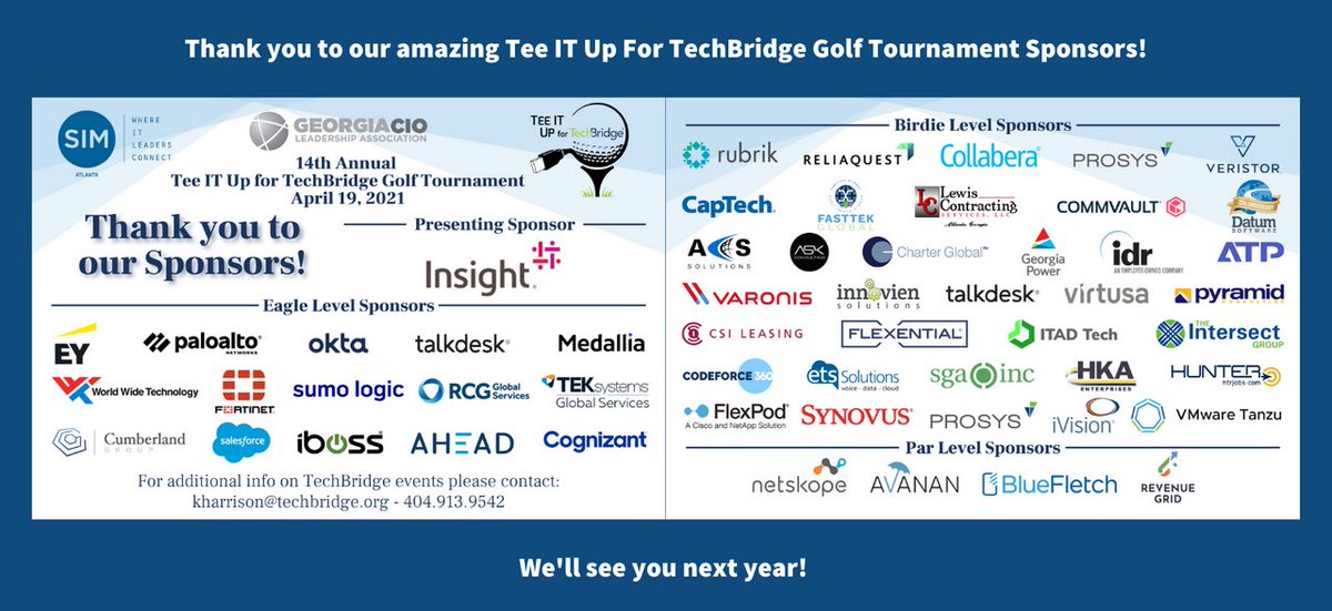 wearetechbridge's tweet photo. Thank you so much to all our amazing sponsors who made the Tee IT Up for TechBridge Golf Tournament a success! If Twitter's character count let us tag you all, we would, but know we are sincerely grateful for your support! #WeAreTechBridge https://t.co/moiUJHw1uL