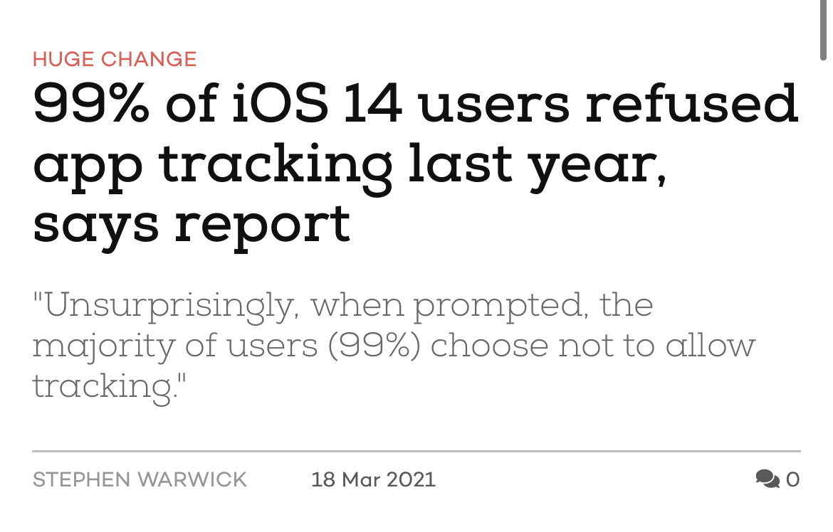 4/ Problem for advertisers is, when you ask someone whether they want to be tracked or not, the majority say no.So why is Apple doing it?