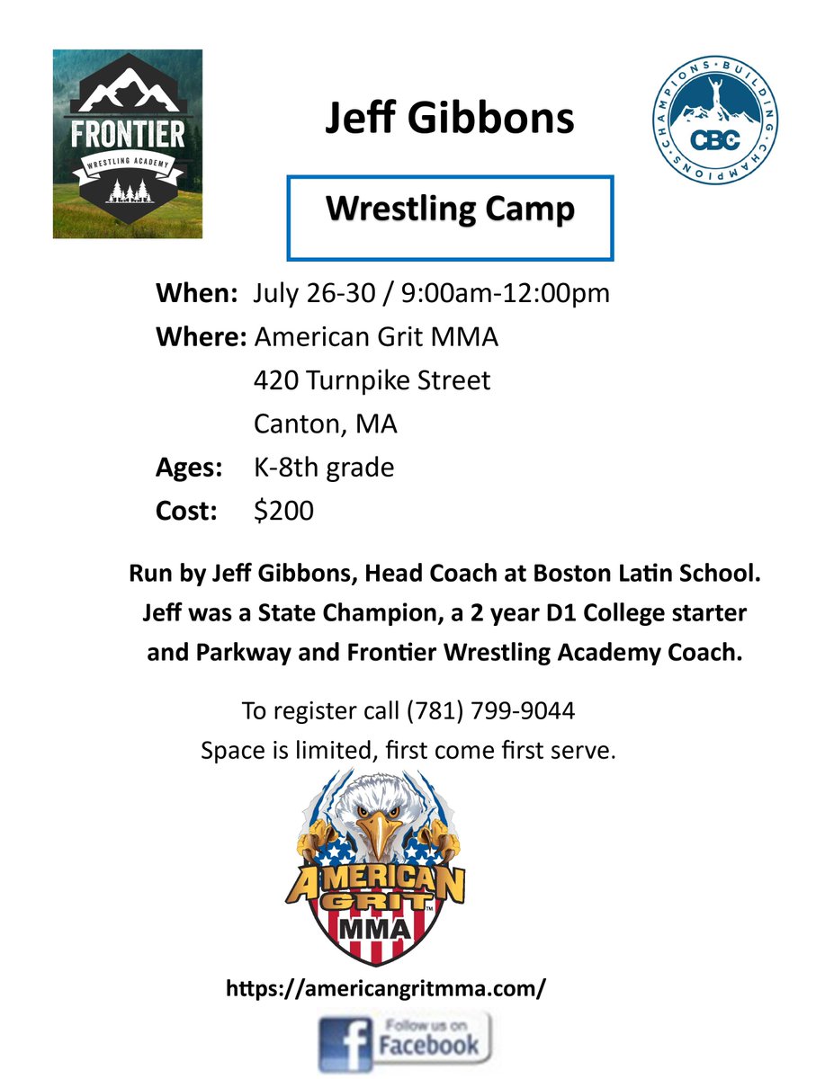 Hosting a summer youth wrestling camp late July at the American Grit location in Canton, MA.  <a href="/ParkwayWC/">Parkway Wrestling</a> <a href="/Parkway_Motion/">Parkway In Motion</a> <a href="/ted_tcarroll/">Ted</a> <a href="/MHS_Wrestle/">Milton HS Wrestling</a> <a href="/NHS_Mustangs/">Norwood Mustangs</a> <a href="/boswrestling/">Boston Wrestling</a> 

Dates: 7/26 to 7/30
Time: 9 to 12
Grades: K-8
Contact information in the flyer below.  ⬇️