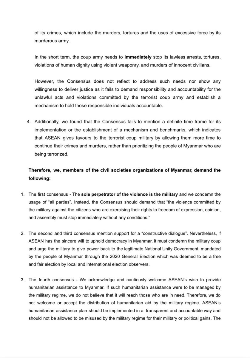 TostevinM's tweet photo. Myanmar civil society groups criticize @ASEAN consensus “without any legitimate representation of the people of Myanmar”: Say ASEAN should urge junta to hand over to @NUGMyanmar, free detainees, restore internet, urge UN to help bring justice... #WhatsHappeningInMyanmar https://t.co/I1vbasUkfH