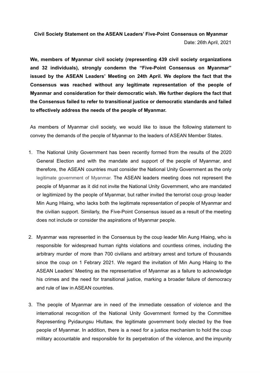 TostevinM's tweet photo. Myanmar civil society groups criticize @ASEAN consensus “without any legitimate representation of the people of Myanmar”: Say ASEAN should urge junta to hand over to @NUGMyanmar, free detainees, restore internet, urge UN to help bring justice... #WhatsHappeningInMyanmar https://t.co/I1vbasUkfH