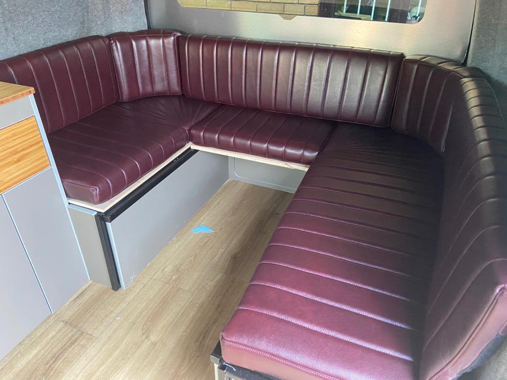 VisionLeisure's tweet photo. We were thrilled with the outcome of this design. The customer requested u shaped seating to match their cab seats that we trimmed last year in a 1950s diner theme design. #campervanupholstery #motorhomeupholstery #vwupholstery #vwcampervanupholstery #motorhomeupholsterers https://t.co/7XphgyMesi